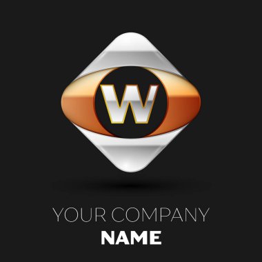 Gerçekçi gümüş harf W logo sembol siyah arka plan üzerinde renkli altın-gümüş kare şeklinde. Tasarımınız için vektör şablonu