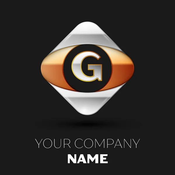 Symbole du logo réaliste de la lettre G en argent doré et argenté sur fond noir. Modèle vectoriel pour votre conception — Image vectorielle