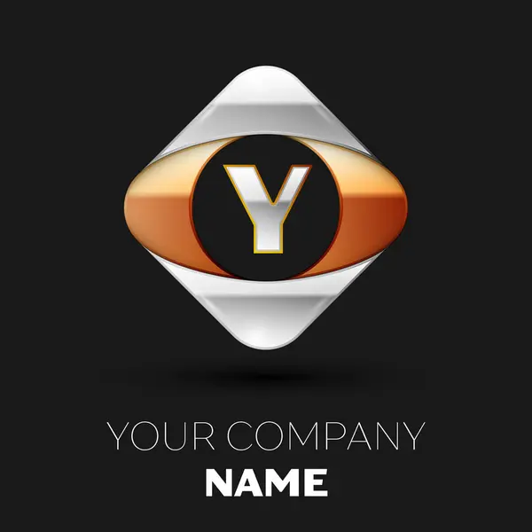 Realistic Silver Letter Y logo symbol in the colorful golden-silver square shape on black background. Vector template for your design — Stock Vector