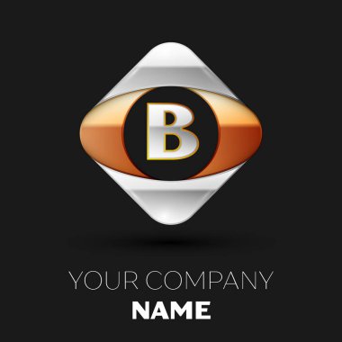 Gerçekçi gümüş mektup B logo sembol siyah arka plan üzerinde renkli altın-gümüş kare şeklinde. Tasarımınız için vektör şablonu