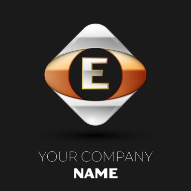 Gerçekçi gümüş harf E logo sembol siyah arka plan üzerinde renkli altın-gümüş kare şeklinde. Tasarımınız için vektör şablonu