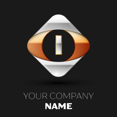 Gerçekçi gümüş harf ı logo sembol siyah arka plan üzerinde renkli altın-gümüş kare şeklinde. Tasarımınız için vektör şablonu