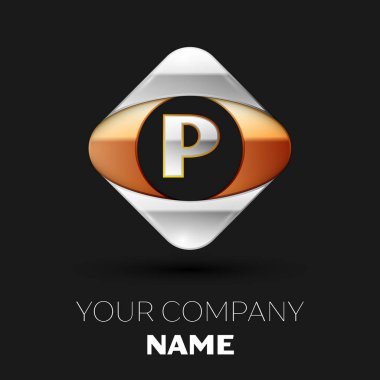 Gerçekçi gümüş harf P logo sembol siyah arka plan üzerinde renkli altın-gümüş kare şeklinde. Tasarımınız için vektör şablonu
