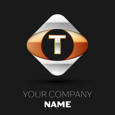 Gerçekçi gümüş mektup T logo sembol siyah arka plan üzerinde renkli altın-gümüş kare şeklinde. Tasarımınız için vektör şablonu