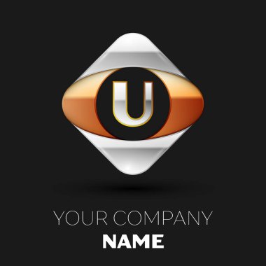 Gerçekçi gümüş harf U logo sembol siyah arka plan üzerinde renkli altın-gümüş kare şeklinde. Tasarımınız için vektör şablonu