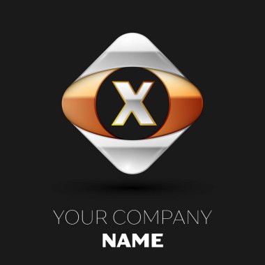 Gerçekçi gümüş harf X logo sembol siyah arka plan üzerinde renkli altın-gümüş kare şeklinde. Tasarımınız için vektör şablonu
