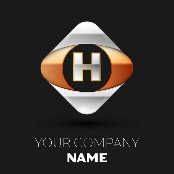 Realistico simbolo del logo H lettera argento nella colorata forma quadrata oro-argento su sfondo nero. Modello vettoriale per il tuo design — Vettoriale Stock