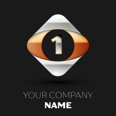 Gerçekçi gümüş harf bir logo sembol siyah arka plan üzerinde renkli altın-gümüş kare şeklinde. Tasarımınız için vektör şablonu