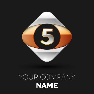 Gerçekçi gümüş harf beş logo sembol siyah arka plan üzerinde renkli altın-gümüş kare şeklinde. Tasarımınız için vektör şablonu