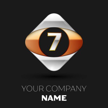 Gerçekçi gümüş harf yedi logo sembol siyah arka plan üzerinde renkli altın-gümüş kare şeklinde. Tasarımınız için vektör şablonu