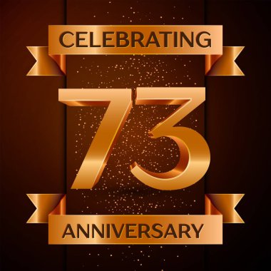 Gerçekçi yetmiş üç yıl yıldönümü kutlamaları tasarım afiş. Altın sayı, konfeti ve şerit kahverengi zemin üzerinde. Doğum günü partin için renkli vektör şablon öğeleri