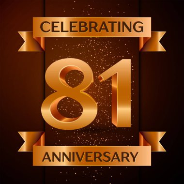 Gerçekçi seksen bir yıl yıldönümü kutlamaları tasarım afiş. Altın sayı, konfeti ve şerit kahverengi zemin üzerinde. Doğum günü partin için renkli vektör şablon öğeleri