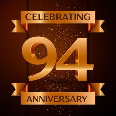 Gerçekçi doksan dört yıl yıldönümü kutlamaları tasarım afiş. Altın sayı, konfeti ve şerit kahverengi zemin üzerinde. Doğum günü partin için renkli vektör şablon öğeleri