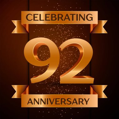 Gerçekçi doksan iki yıl yıldönümü kutlamaları tasarım afiş. Altın sayı, konfeti ve şerit kahverengi zemin üzerinde. Doğum günü partin için renkli vektör şablon öğeleri