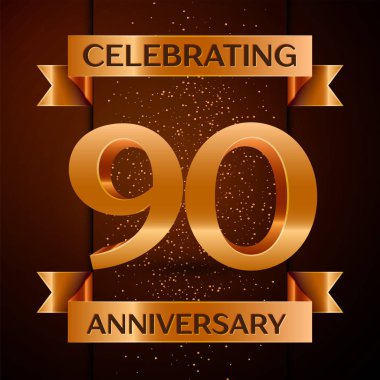 Gerçekçi doksan yıl yıldönümü kutlamaları tasarım afiş. Altın sayı, konfeti ve şerit kahverengi zemin üzerinde. Doğum günü partin için renkli vektör şablon öğeleri