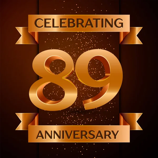Realistiska åttio nio år Anniversary Celebration design banner. Gyllene nummer, konfetti och band på brun bakgrund. Färgglada Vector mall-element för din födelsedagsfest — Stock vektor