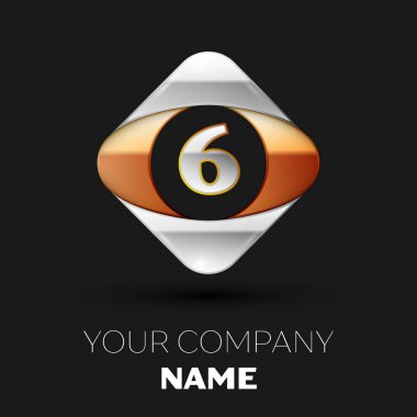 Gerçekçi gümüş harf altı logo sembol siyah arka plan üzerinde renkli altın-gümüş kare şeklinde. Tasarımınız için vektör şablonu