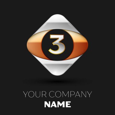 Gerçekçi gümüş harf üç logo sembol siyah arka plan üzerinde renkli altın-gümüş kare şeklinde. Tasarımınız için vektör şablonu