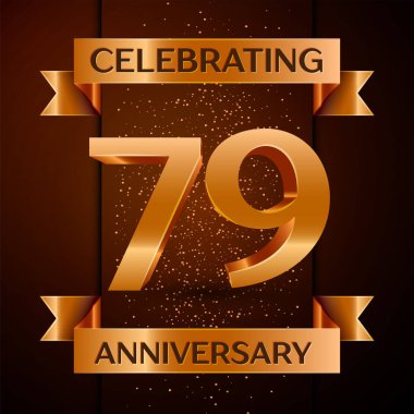 Gerçekçi yetmiş dokuz yıl yıldönümü kutlamaları tasarım afiş. Altın sayı, konfeti ve şerit kahverengi zemin üzerinde. Doğum günü partin için renkli vektör şablon öğeleri