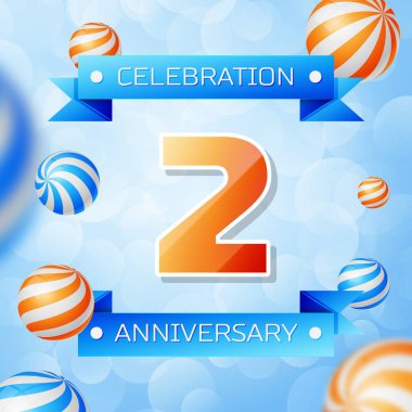Gerçekçi iki yıl yıldönümü kutlamaları tasarım afiş. Altın numaraları ve mavi kurdele, mavi zemin üzerine balonlar. Doğum günü partin için renkli vektör şablon öğeleri