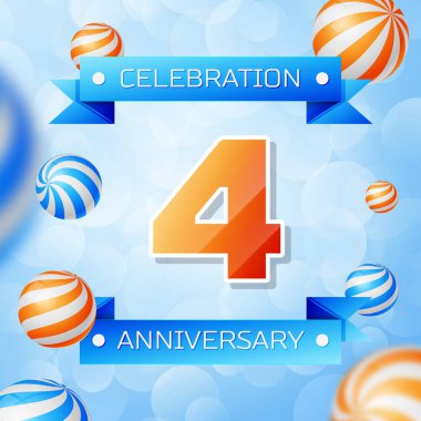 Gerçekçi dört yıl yıldönümü kutlamaları tasarım afiş. Altın numaraları ve mavi kurdele, mavi zemin üzerine balonlar. Doğum günü partin için renkli vektör şablon öğeleri