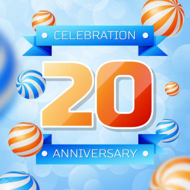 Gerçekçi yirmi yıl yıldönümü kutlamaları tasarım afiş. Altın numaraları ve mavi kurdele, mavi zemin üzerine balonlar. Doğum günü partin için renkli vektör şablon öğeleri