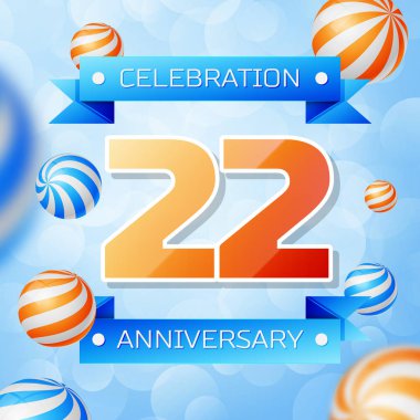 Gerçekçi yirmi iki yıl yıldönümü kutlamaları tasarım afiş. Altın numaraları ve mavi kurdele, mavi zemin üzerine balonlar. Doğum günü partin için renkli vektör şablon öğeleri