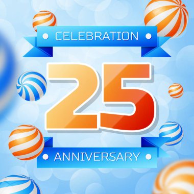 Gerçekçi yirmi beş yıl yıldönümü kutlamaları tasarım afiş. Altın numaraları ve mavi kurdele, mavi zemin üzerine balonlar. Doğum günü partin için renkli vektör şablon öğeleri