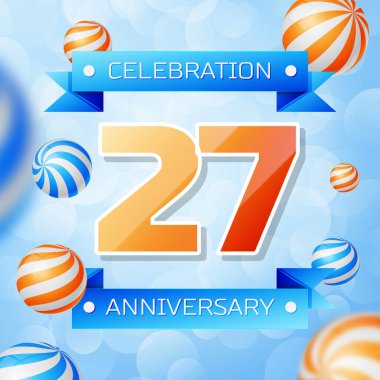 Gerçekçi yirmi yedi yıl yıldönümü kutlamaları tasarım afiş. Altın numaraları ve mavi kurdele, mavi zemin üzerine balonlar. Doğum günü partin için renkli vektör şablon öğeleri