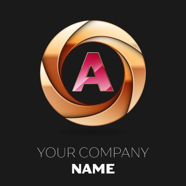 Gerçekçi pembe bir logo sembol siyah zemin üzerine altın renkli daire şeklinde mektup. Tasarımınız için vektör şablonu