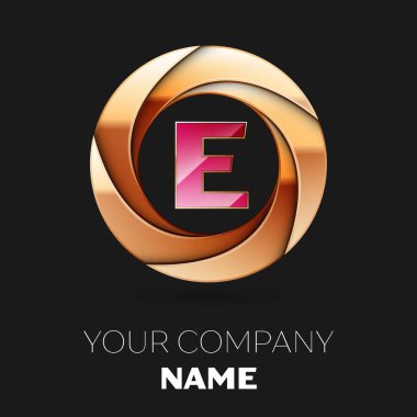 Gerçekçi pembe harf E logo sembol siyah zemin üzerine altın renkli daire şeklinde. Tasarımınız için vektör şablonu