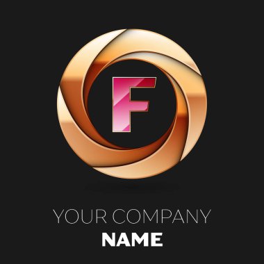 Gerçekçi pembe harfi F logo sembol siyah zemin üzerine altın renkli daire şeklinde. Tasarımınız için vektör şablonu