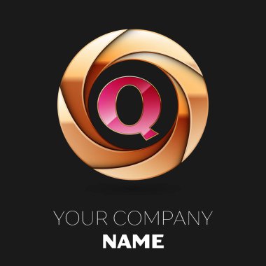 Gerçekçi pembe harf Q logo sembol siyah zemin üzerine altın renkli daire şeklinde. Tasarımınız için vektör şablonu