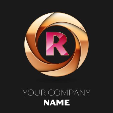 Gerçekçi pembe harf R logo sembol siyah zemin üzerine altın renkli daire şeklinde. Tasarımınız için vektör şablonu