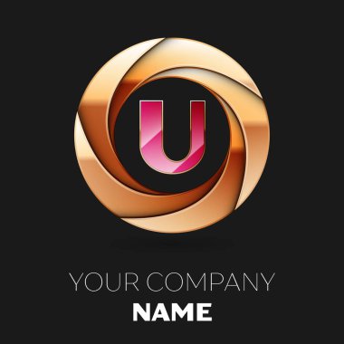 Gerçekçi pembe harf U logo sembol siyah zemin üzerine altın renkli daire şeklinde. Tasarımınız için vektör şablonu