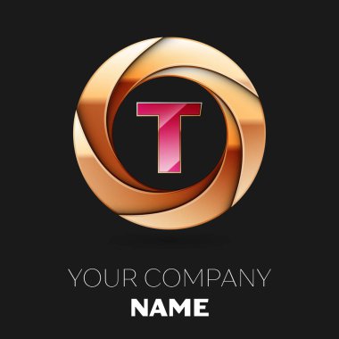 Gerçekçi pembe mektup T logo sembol siyah zemin üzerine altın renkli daire şeklinde. Tasarımınız için vektör şablonu