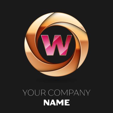 Gerçekçi pembe mektup W logo sembol siyah zemin üzerine altın renkli daire şeklinde. Tasarımınız için vektör şablonu