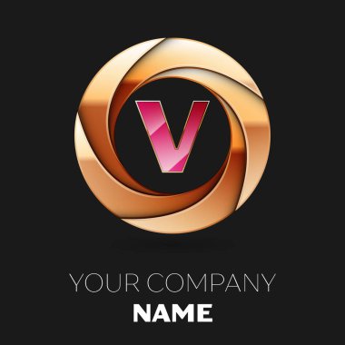 Gerçekçi pembe harf V logo sembol siyah zemin üzerine altın renkli daire şeklinde. Tasarımınız için vektör şablonu