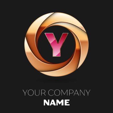 Gerçekçi pembe mektup Y logo sembol siyah zemin üzerine altın renkli daire şeklinde. Tasarımınız için vektör şablonu
