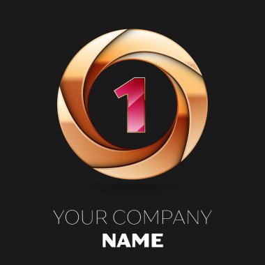 Gerçekçi pembe bir logo sembol siyah zemin üzerine altın renkli daire şeklinde. Tasarımınız için vektör şablonu