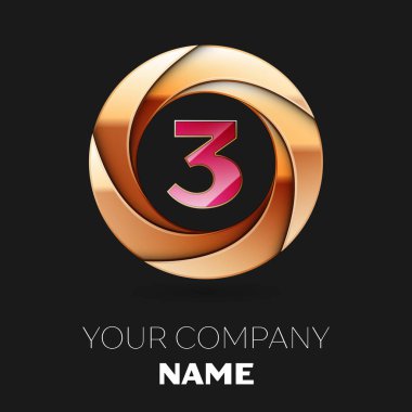 Gerçekçi pembe üç numara logo sembol siyah zemin üzerine altın renkli daire şeklinde. Tasarımınız için vektör şablonu