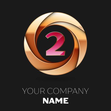 Gerçekçi pembe iki numara logo sembol siyah zemin üzerine altın renkli daire şeklinde. Tasarımınız için vektör şablonu
