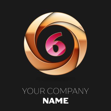 Gerçekçi pembe altı numara logo sembol siyah zemin üzerine altın renkli daire şeklinde. Tasarımınız için vektör şablonu