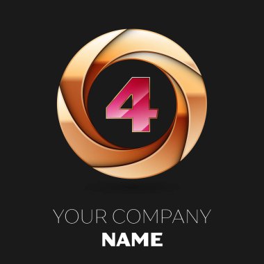 Gerçekçi pembe dört numara logo sembol siyah zemin üzerine altın renkli daire şeklinde. Tasarımınız için vektör şablonu