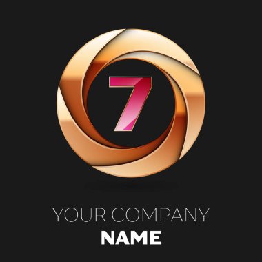 Gerçekçi pembe yedi numara logo sembol siyah zemin üzerine altın renkli daire şeklinde. Tasarımınız için vektör şablonu