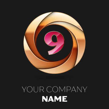 Gerçekçi pembe Number Nine logo sembol siyah zemin üzerine altın renkli daire şeklinde. Tasarımınız için vektör şablonu