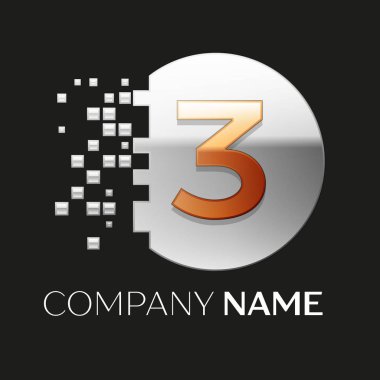 Gerçekçi altın üç numara logo sembol siyah arka plan üzerine parçalanmış bloklarla gümüş renkli piksel daire şeklinde. Tasarımınız için vektör şablonu