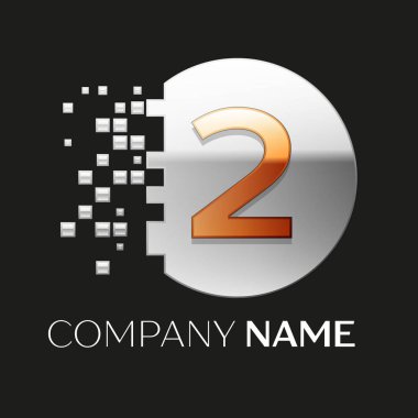 Gerçekçi altın iki numara logo sembol siyah arka plan üzerine parçalanmış bloklarla gümüş renkli piksel daire şeklinde. Tasarımınız için vektör şablonu