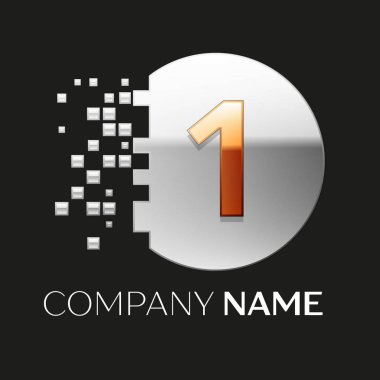 Gerçekçi altın bir logo sembol siyah arka plan üzerine parçalanmış bloklarla gümüş renkli piksel daire şeklinde. Tasarımınız için vektör şablonu