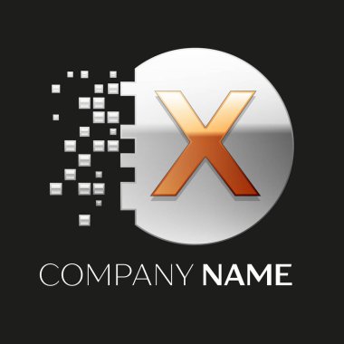 Gerçekçi altın harf X logo sembol siyah arka plan üzerine parçalanmış bloklarla gümüş renkli piksel daire şeklinde. Tasarımınız için vektör şablonu